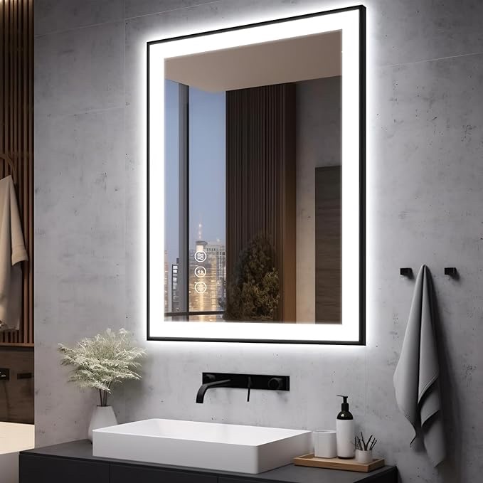 EchosLife 28x36 LED Bathroom Mirrors for Wall -Black Aluminum Framed (Front and Backlit), Anti-Fog Vanity Mirror With Lights,Stepless Dimmable Lighted Mirror,3 Colors Smart Mirror(Horizontal/Vertical)