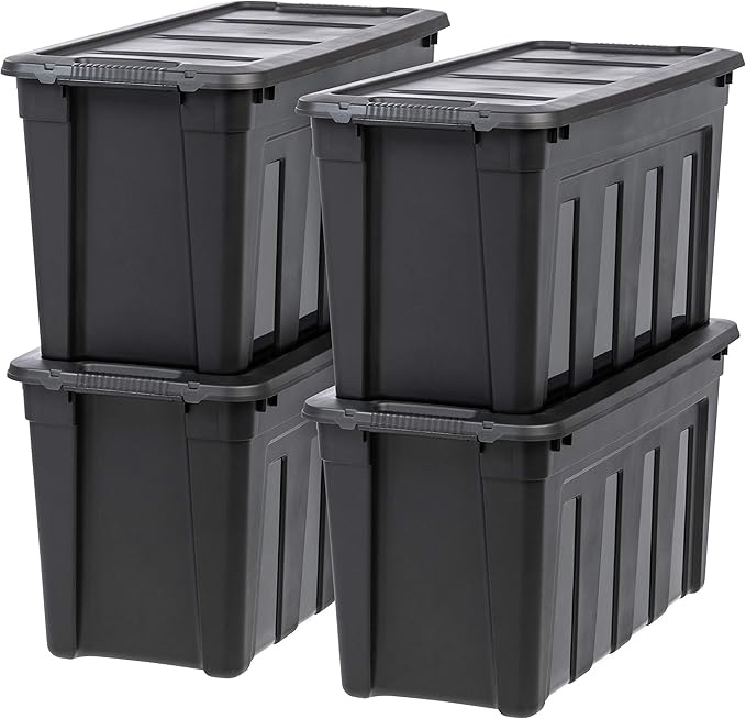 IRIS USA 31 Gallon Heavy Duty Totes for Storage with Easy-Grip Handles, 4 Pack - Made in USA, Storage Bins with Lids, Durable Stackable Utility Containers, Large Garage Organizing Tubs - Black