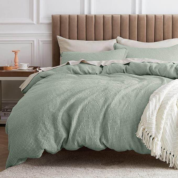 Bedsure Cotton Duvet Cover Queen - 100% Cotton Waffle Weave Sage Green Duvet Cover Queen Size, Soft and Breathable Queen Duvet Cover Set for All Season (Queen, 90"x90")