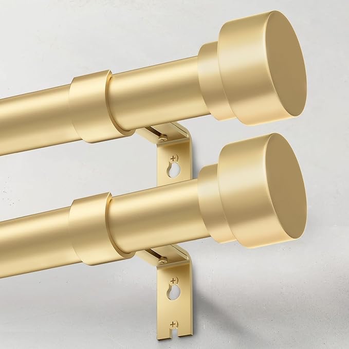 Fmfunctex (2 Pack) Window Curtain Single Rod Double Sets with Hexagonal Modern Finials, 5/8" Diameter, Adjustable Lengths from 38 to 72 Inches, Brushed Gold