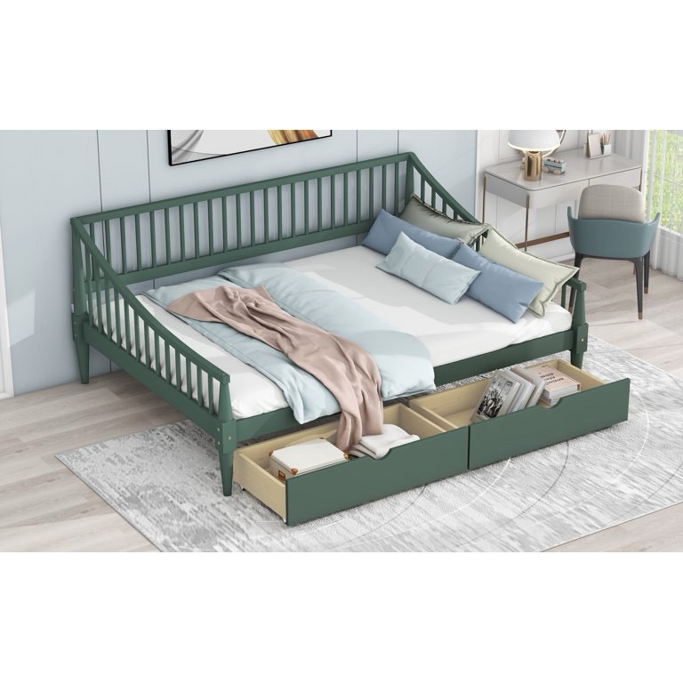 Full Size Daybed, Solid Wood Bed Frame with 2 Drawers, Fence and Added