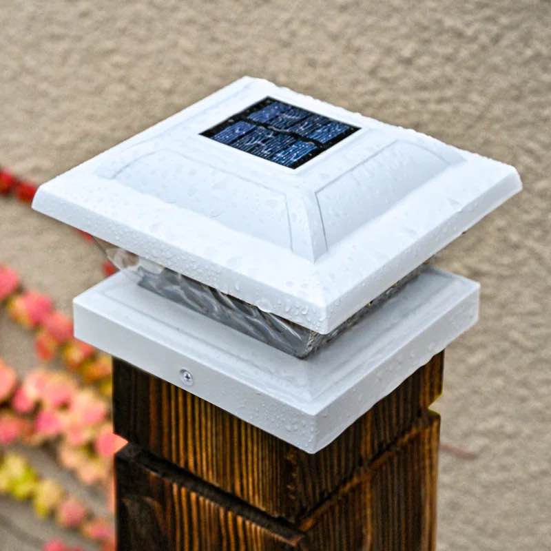 White Low Voltage Solar Powered Integrated LED Fence Post Cap Light 3.5 In. X 3.5 In. with Base Adapter Included Pack (Set of 4)