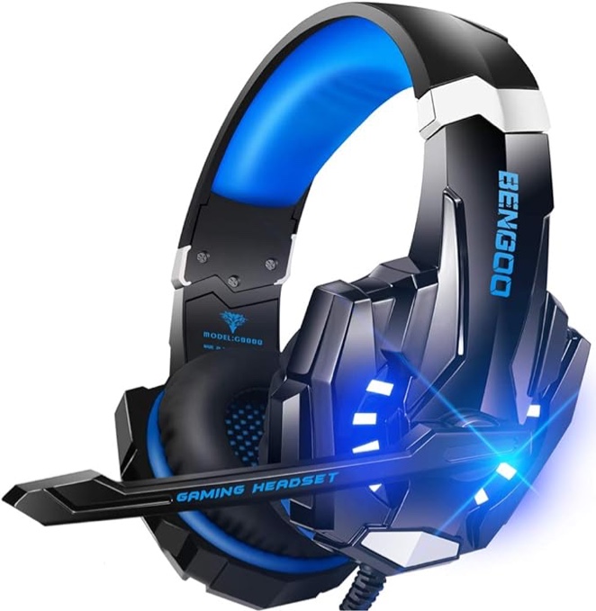 BENGOO G9000 Stereo Gaming Headset for PS4 PC Xbox One PS5 Controller, Noise Cancelling Over Ear Headphones with Mic, LED Light, Bass Surround, Soft Memory Earmuffs (Blue