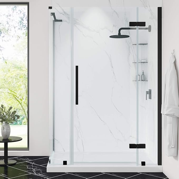 OVE Decors Endless TA1333421 Tampa, Corner Frameless Hinge Shower Door and Base, 48 in. W x 74 3/4 in. H, in Black
