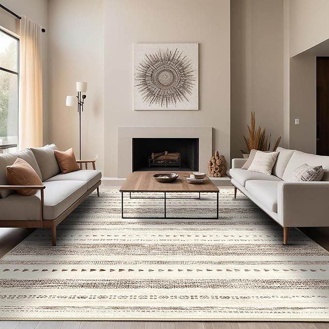 Moroccan 8x10 Area Rug: Soft Ultra Thin Machine Washable Farmhouse Area Rugs for Living Room Non-Slip Neutral Modern Geometric Indoor Floor Carpet for Bedroom Under Dinning Table Cream/Brown