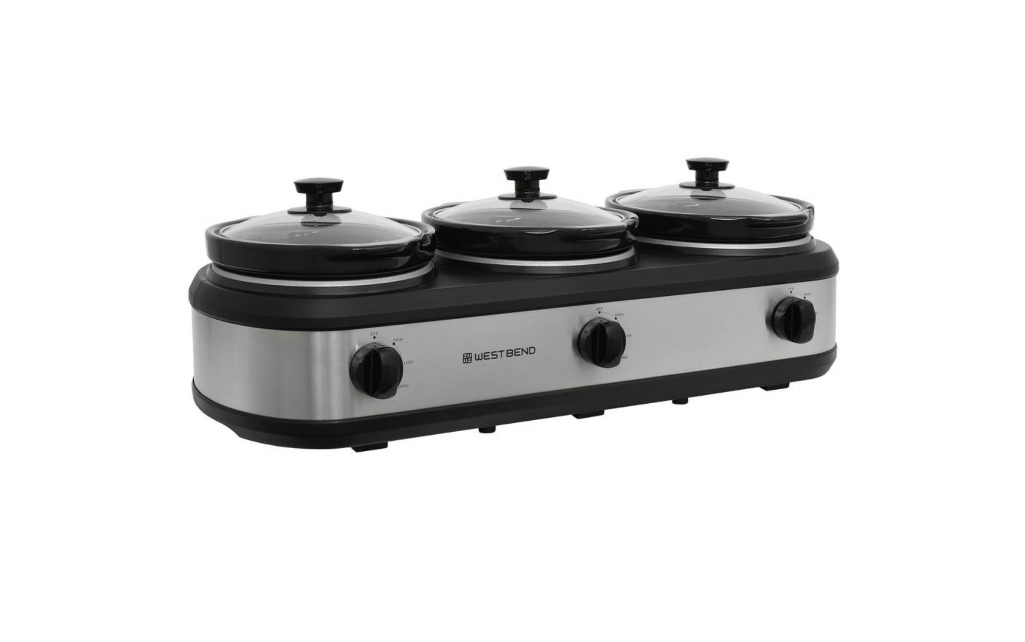 West Bend Triple Slow Cooker, 3 x 2.5 Qt. in Black and Stainless Steel