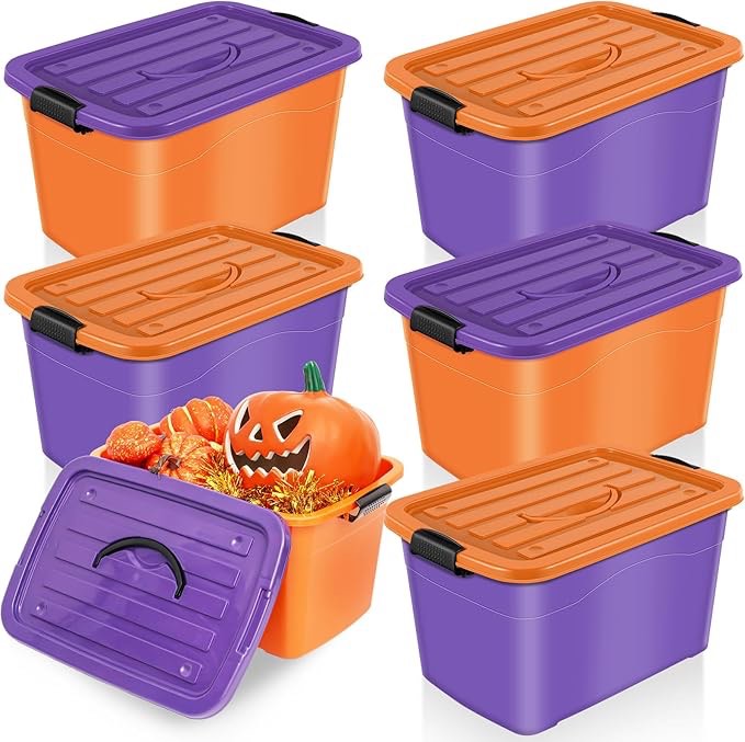 Abbylike 37 Quarts Halloween Storage Bin Holiday Seasonal Storage Totes with Lids Orange Purple Halloween Ornament Storage Containers for Halloween Home Organization Holiday Decoration(6 Packs)