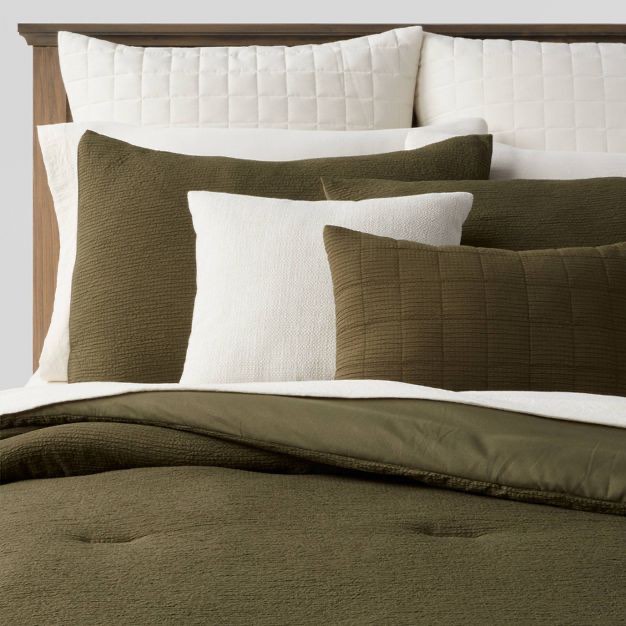 12pc Queen Micro Texture Comforter & Sheet Bedding Set Dark Green - Threshold™: Polyester, OEKO-TEX Certified, Woven