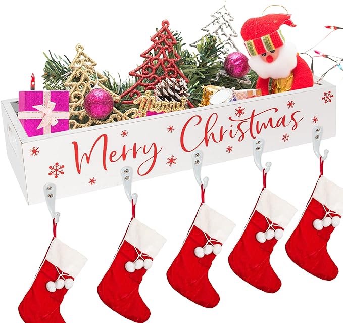 Bucherry 2 Pcs Christmas Stocking Holder Multi Uses Decorative Wooden Box with 6 Hooks Mantle Stockings Hanger Gift Box Stocking Holder Wooden Table Centerpiece for Xmas Holiday Festival (Sleigh)