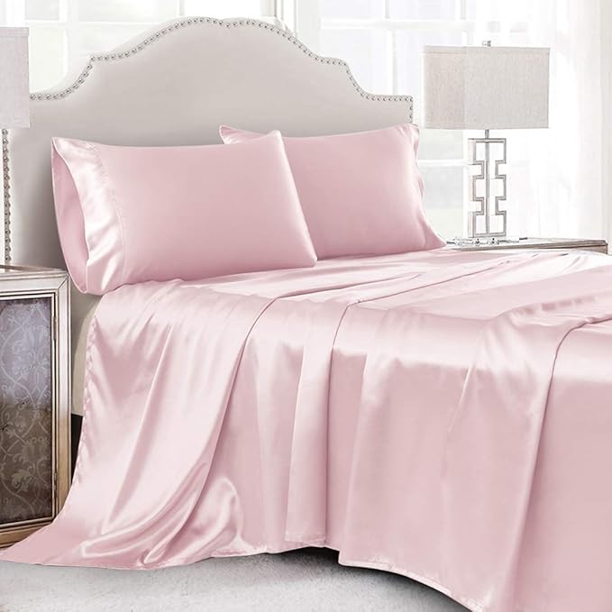 4 Pcs Blush Pink Satin Sheets Queen Size Silky Satin Bedding Sheets Set with 1 Deep Pocket Fitted Sheet, 1 Flat Sheet, 2 Pillowcase