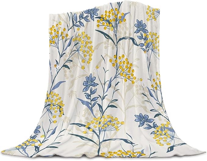 Vintage Floral Plant Fleece Throw Blanket for Couch, Soft Cozy Fluffy Warm Decorative Lightweight Blankets for Adults Baby, Yellow Blue Bed Throws for Sofa Chair Camping, 50x60in
