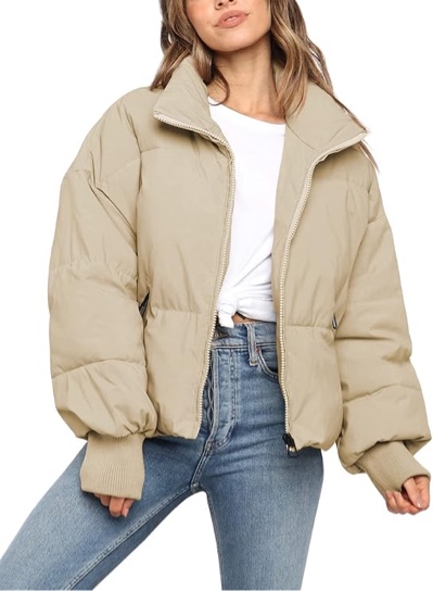 ZROZYL Women's Winter Puffer Down Jacket Long Sleeve Zipper Pockets Baggy Short Coats Apricot Size Large 