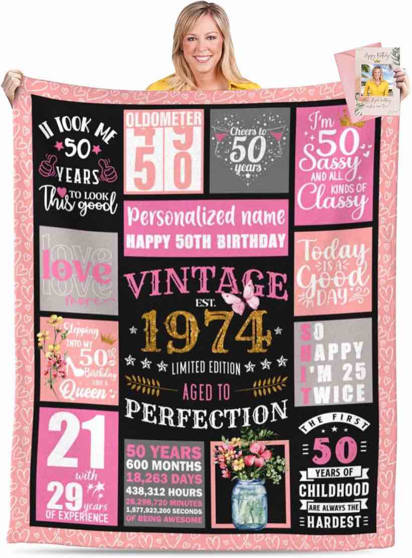 50th Birthday Gifts for Women Personalized Blanket, Happy 50th Birthday Decorations for Her, Funny 50 Year Old Birthday Gifts, 50th Birthday Gift Ideas for Mom Sister Friend 1974