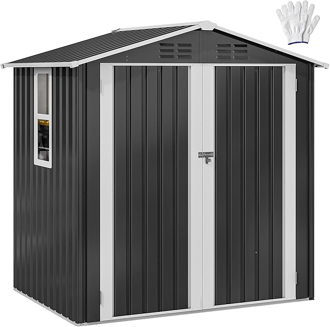 DWVO 6x4ft Metal Outdoor Storage Shed with Window, Lockable Tool Storage Sheds, Steel Garden Sheds with Sloped Roof for Backyard, Patio, Garage, Lawn, Gray
