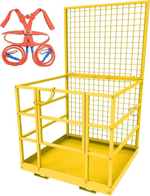 YITAMOTOR 43"x45" Forklift Safety Cage, 1400 LBS Yellow Capacity Forklift Work Platform with Safety Harness, Collapsible Lift Basket Aerial Platform for Lifting Loader