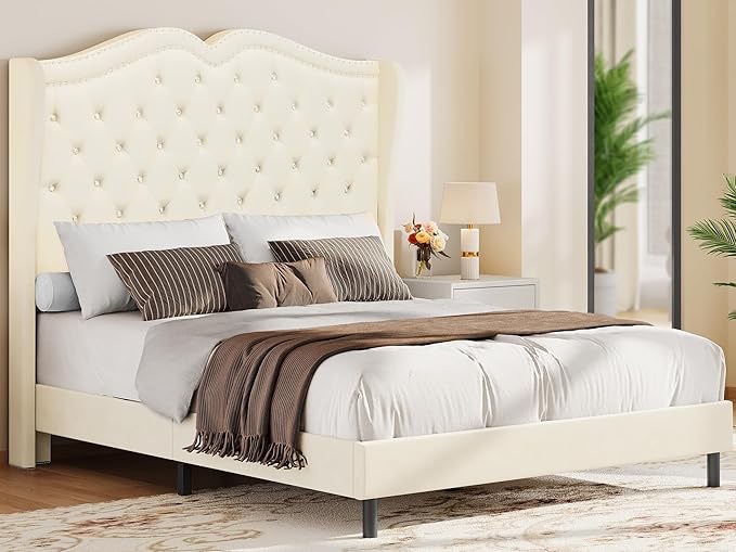 YITAHOME Queen Bed Frame with 51.2'' Tall Headboard, Noise-Free Queen Platform Bed Frame with Velvet Headboard, No Box Spring Needed, Easy Assembly, Beige