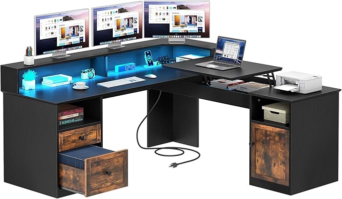 YITAHOME L Shaped Desk with Power Outlets & LED Lights, 60" Computer Desk with Drawers & Lift Top, Home Office Desk with Monitor Stand, Height Adjustable Desk with File Cabinet, Black