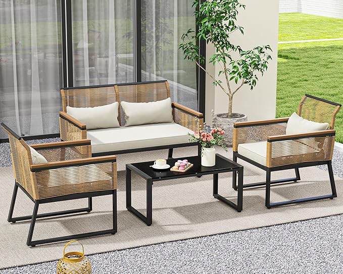 YITAHOME 4-Piece Patio Wicker Outdoor Bistro Set, All Weather Patio Rattan Conversation Loveseat Furniture with Wooden Armrest, Soft Cushion and Side Table for Backyard, Balcony and Deck, Light Brown
