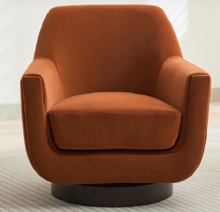 U-shaped Fully Assembled Swivel Velvet Accent Armchair with Solid Wood Base and 360° Rotation, 30.7" x 30.7" x 30.9", Burnt Orange
