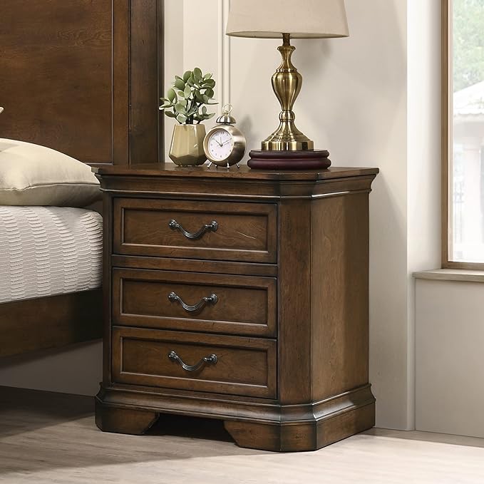 Roundhill Furniture Maderne Traditional Wood 3-Drawer Nightstand, Antique Walnut Finish