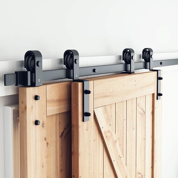 SMARTSTANDARD Bypass Sliding Barn Door Hardware Kit - for Double Wooden Doors-Single Track - Smoothly & Quietly 
