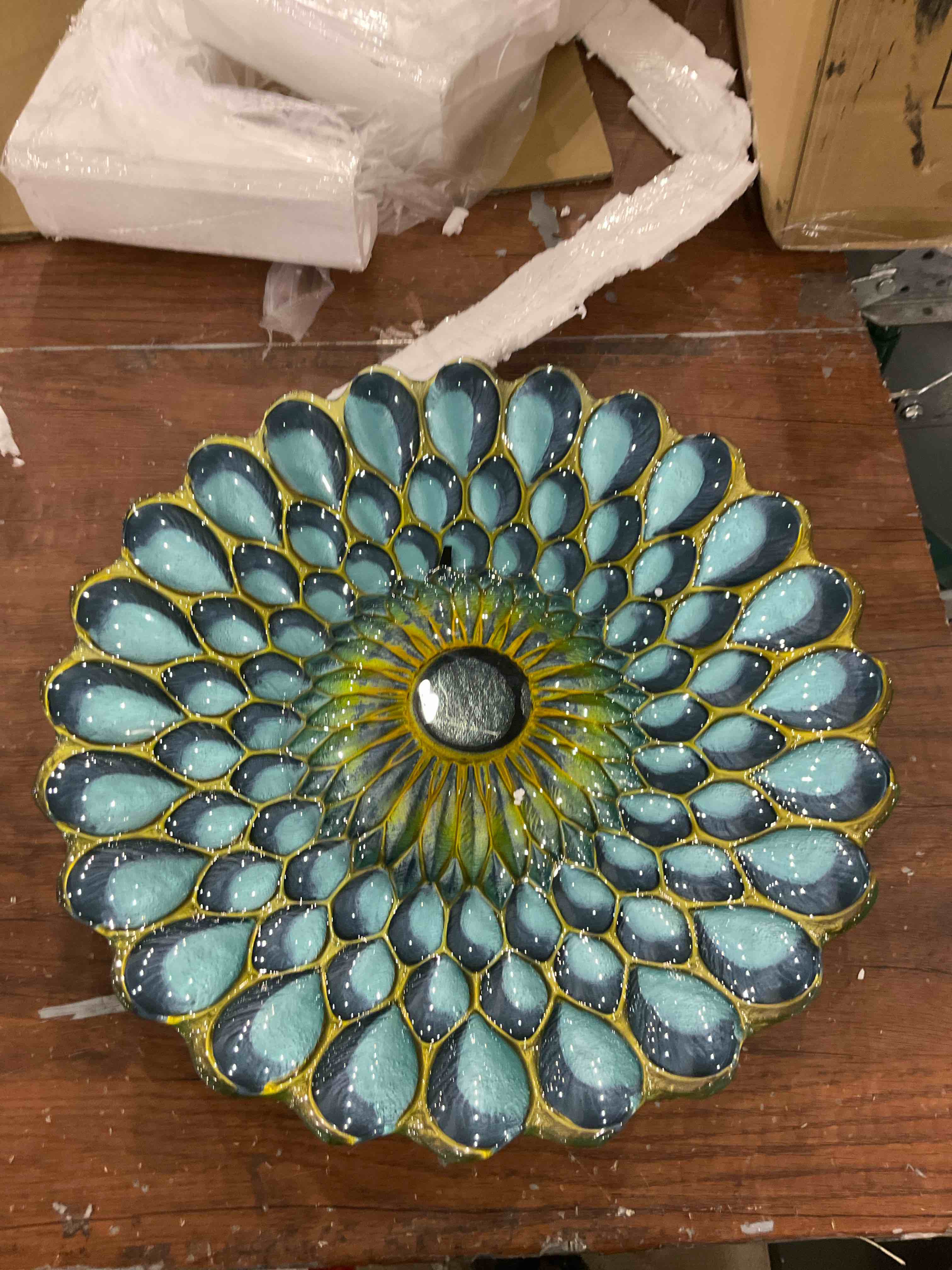 (just the bowl) Peaktop Handpainted Mosaic Fusion Glass Solar Birdbath Bowl Feeder with LED Light for Outdoor Patio Garden Backyard Decking, 21 Inch Height, Blue