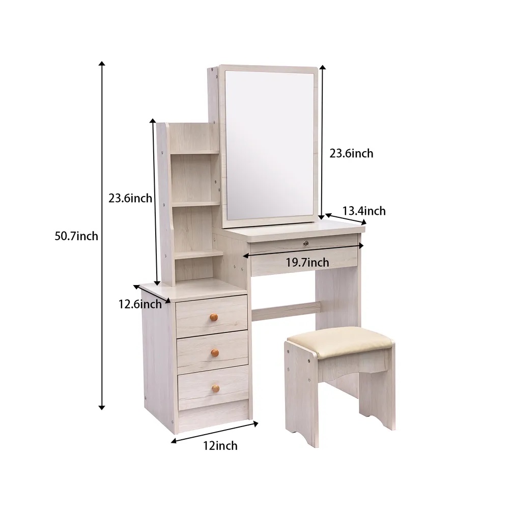 CRAZY ELF Left Bedside Desk Model Vanity Table + Cushioned Stool, White Oak Color, Multi Layer High Capacity Storage, 4 Drawers (L31.5?x W14? x H51?)