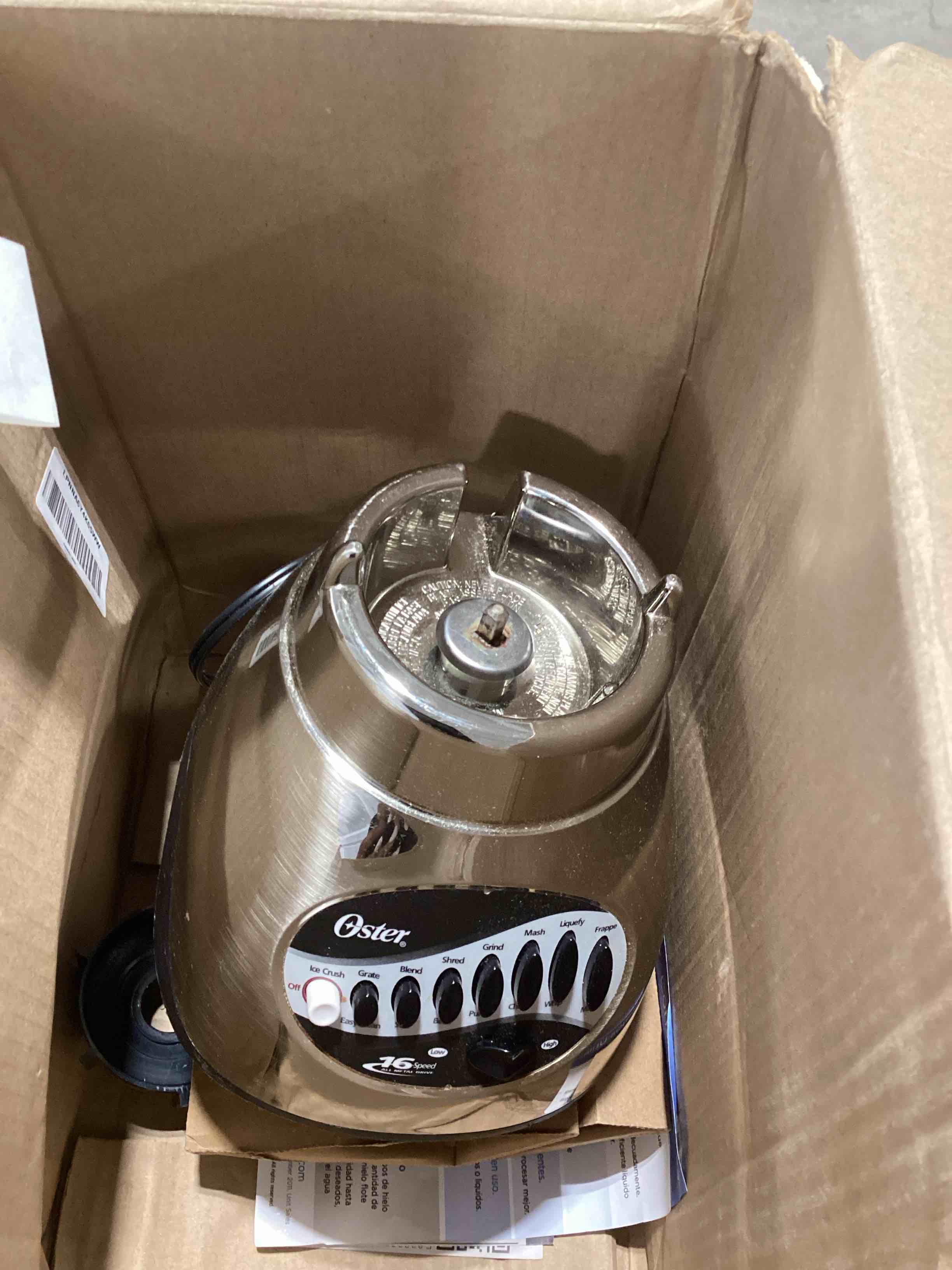 Condition photo showing As Is for oster classic series 16-speed blender with food chopper & 6-cup glass jar, countertop kitchen blender, brushed nickel