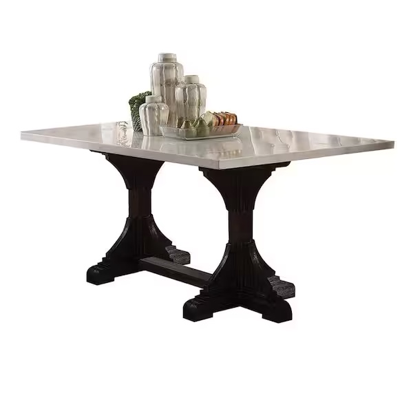 Bruely Collection CM3736PT 30" Counter Height Table with Genuine Marble Top  Two-Tone Design and Trestle Base Design in White/Antique