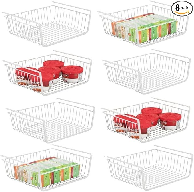 8 PACK Hanging Under Shelf Storage Basket Kitchen Cabinet Organizer Storage, Slides Under Wire Shelves for Counter Pantry Desk Bookshelf, White