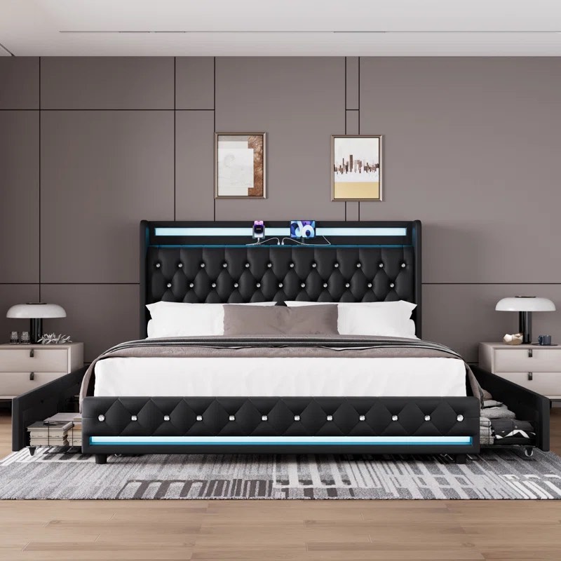 Glastonbury Upholstered Wingback Bed, 4 Drawers Storage Bed with LED Light
