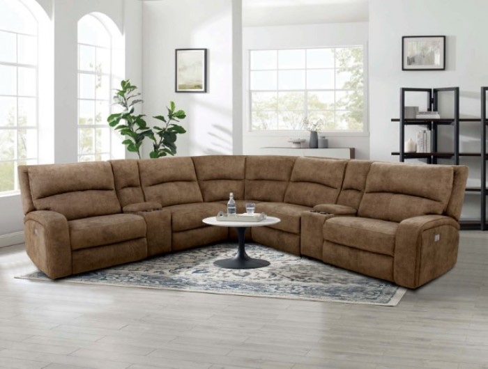  3 pc Darby home co apostolos brown fabric sectional sofa with power motion recliners and headrests / footrests