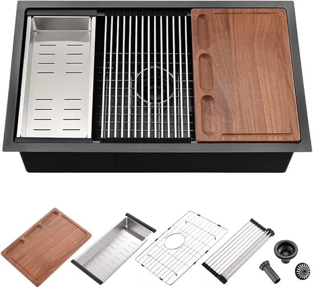 (SIMILAR TO STOCK PHOTO) Undermount Kitchen Sink - iAnomla 33 x19 Inch Stainless Steel Undermount Kitchen Sink 16 Gauge Ledge Workstation 60/40 Double Bowl Kitchen Sink with Cutting Board