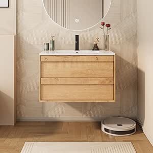 30'' Wall Mounted Bathroom Vanity with Ceramic Sink Top, Pre-assembled Floating Bathroom Cabinet