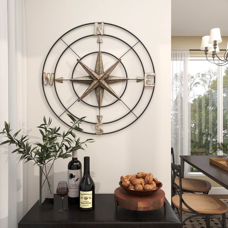 Metal Indoor Outdoor Compass Home Gray Wall Decor with Distressed Copper Like Finish