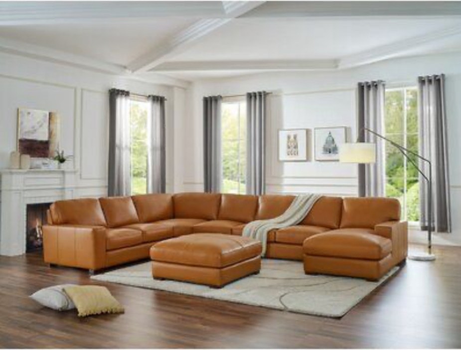Latitude Run® Gabriel 166.5" Wide Genuine Leather Left Hand Facing Modular Sectional w/ Ottoman Genuine Leather in Orange