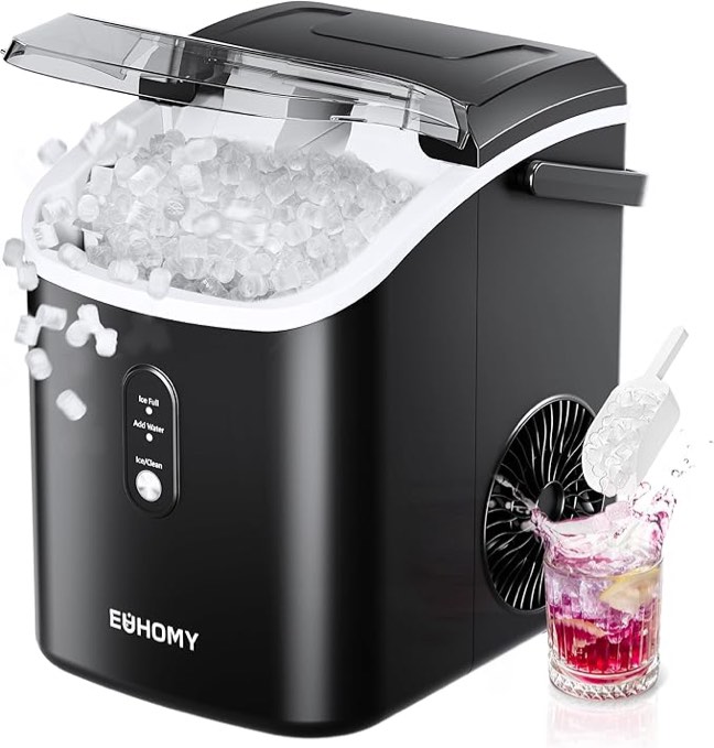 Nugget Ice Makers Countertop with Soft Chewable Pellet Ice, Stainless Steel Black, 7Mins Ice Making, 35.5Lbs/24Hrs, Pebble Ice Maker with Self-Cleaning/Basket/Scoop for Home/Office/Bar