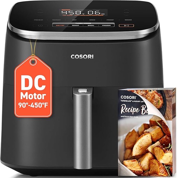 COSORI Air Fryer 9-in-1, Compact & Large 6-Qt, Fast Turbo Modes, 90-450F Evenly Results with Precise Temperature Control, 95% Less Oil, Roast, Bake, Dry, Reheat, Frozen, Broil, Proof, Grey