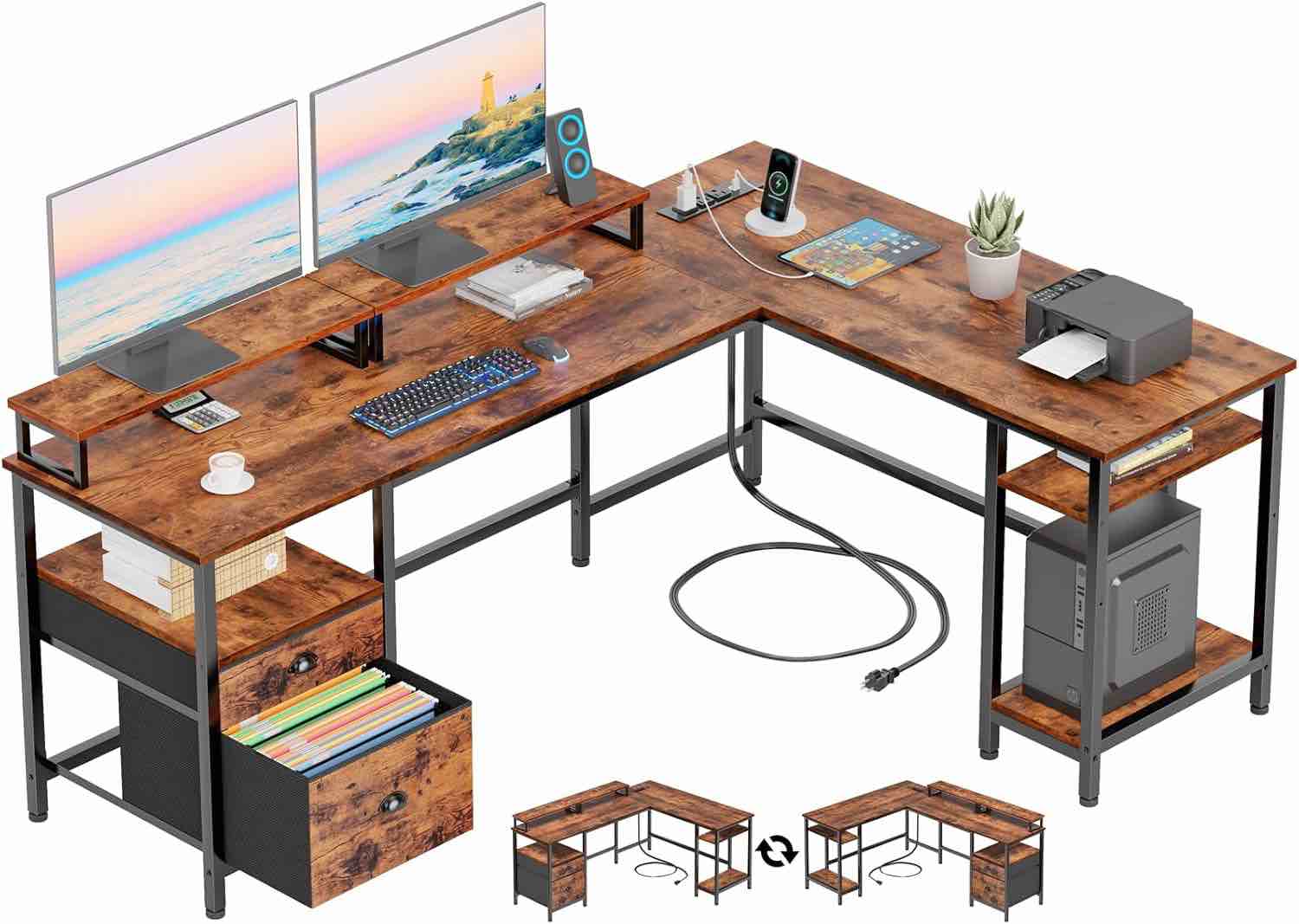 Furologee White 66 L Shaped Desk with Power Outlet, Reversible Computer Desk with File Drawer & 2 Monitor Stands, Home Office Desk with Storage Shelves, Corner Desk for Gaming Writing