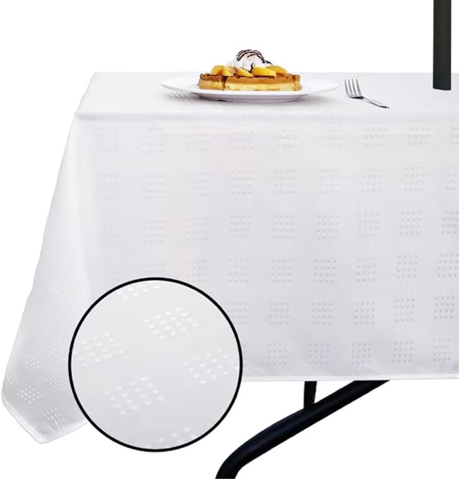 SpaceDresser Jacquard Rectangle Outdoor Tablecloth with Umbrella Hole, Spillproof and Waterproof Fabric Table Cloth, Washable Wrinkle Free Table Cover for Patio Spring Summer, 60 x 102 Inch White