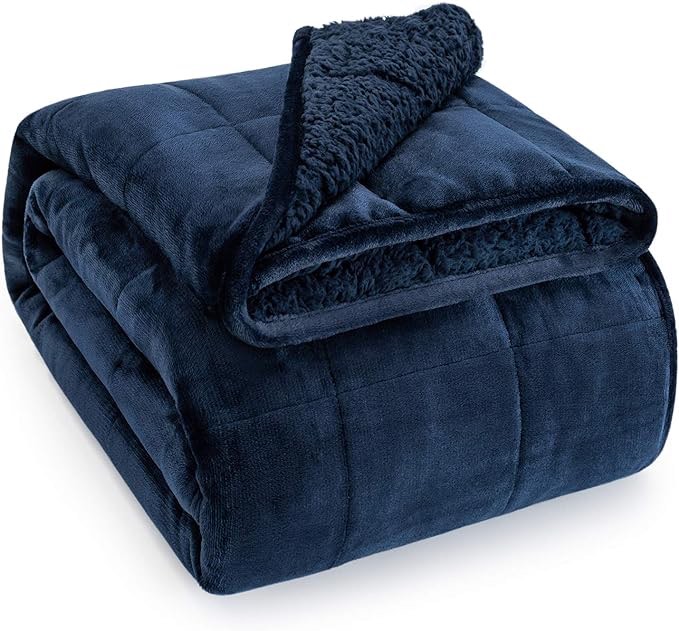 Wemore Sherpa Fleece Weighted Blanket for Adult, 20 lbs Dual Sided Cozy Fluffy Heavy Blanket, Ultra Fuzzy Throw Blanket with Soft Plush Flannel Top, 60 x 80 inches Navy Blue on Both Sides