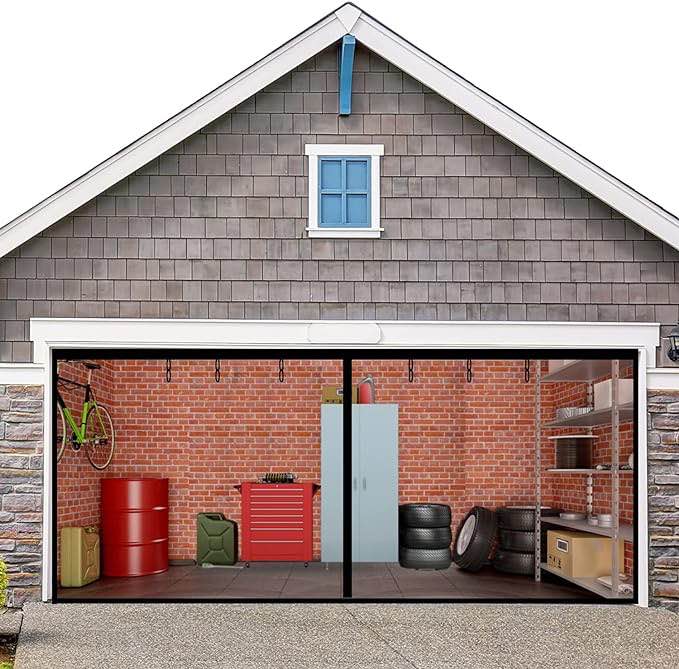Magnetic Garage Screen Door 16x7FT for 2 Car Garage Doors - Fiberglass Garage Screen Cover Kit Garage Door Curtain,Stronger High Energy Magnets,Hands Free Magnetic Screen Door (A-16*7FT)