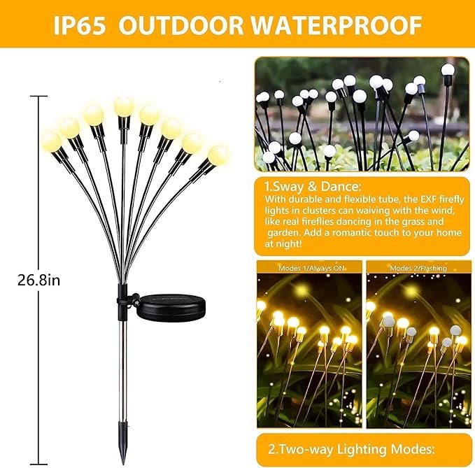 Solar Garden Lights Outdoor, 4 Pack Solar Christmas Lights, Solar Firefly Lights Outdoor Waterproof with 2 Lighting Modes and Flexible Wires for Backyard Garden Patio Christmas Decoration(Warm White)