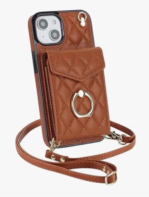Compatible with iPhone 15 Plus Wallet Case with Card Holder, 360° Rotation Finger Ring Holder Kickstand, Leather Wallet Case and Crossbody Strap - Brown, 6.7 Inch (2023)