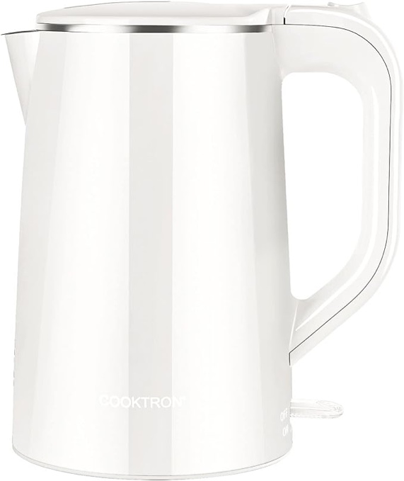 COOKTRON 1.7L Electric Kettle Quiet, Double Wall Hot Water Boiler BPA-Free, Quiet Boil and Cool Touch Tea Kettle, Cordless with Auto Shut-Off & Boil Dry Protection, 1500W Fast Boiling, white 