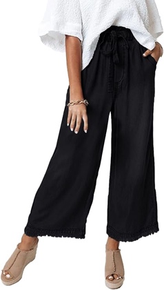 ( size:14) Valphsio Women's Fashion Wide Leg Bottom Pants High Rise Tassel Stretch Loose Fit Jeans Black