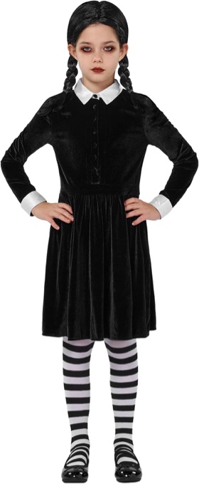 size: M 7pcs Girls Halloween Costume Kids Black Dress Long Sleeve with Wig Necklace Sock Thing Hand Hairpin Sticker Wig Cap
