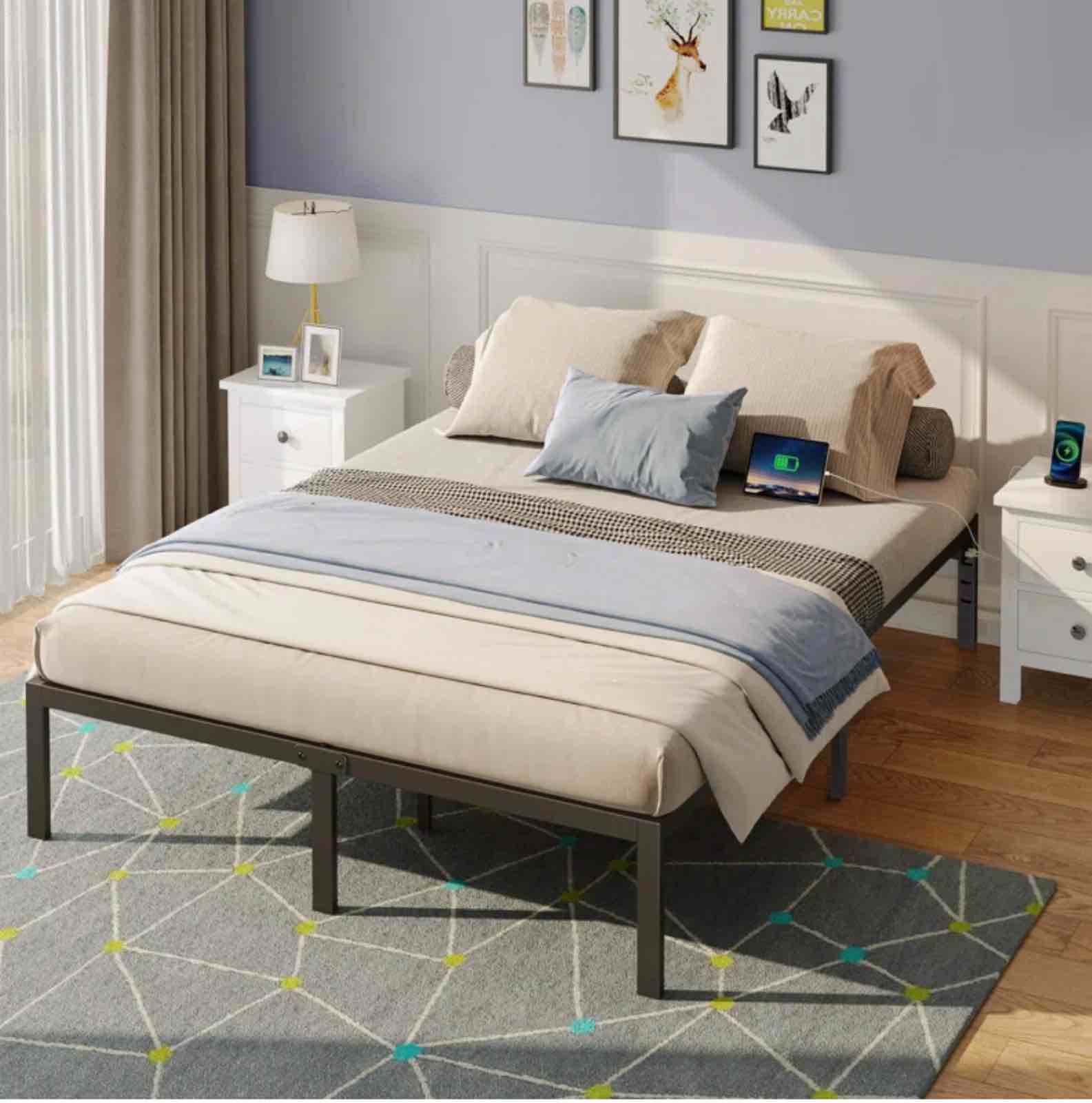 (full size ) Nilufar 14" Metal Bed Frame with Charging Station and Underbed Storage