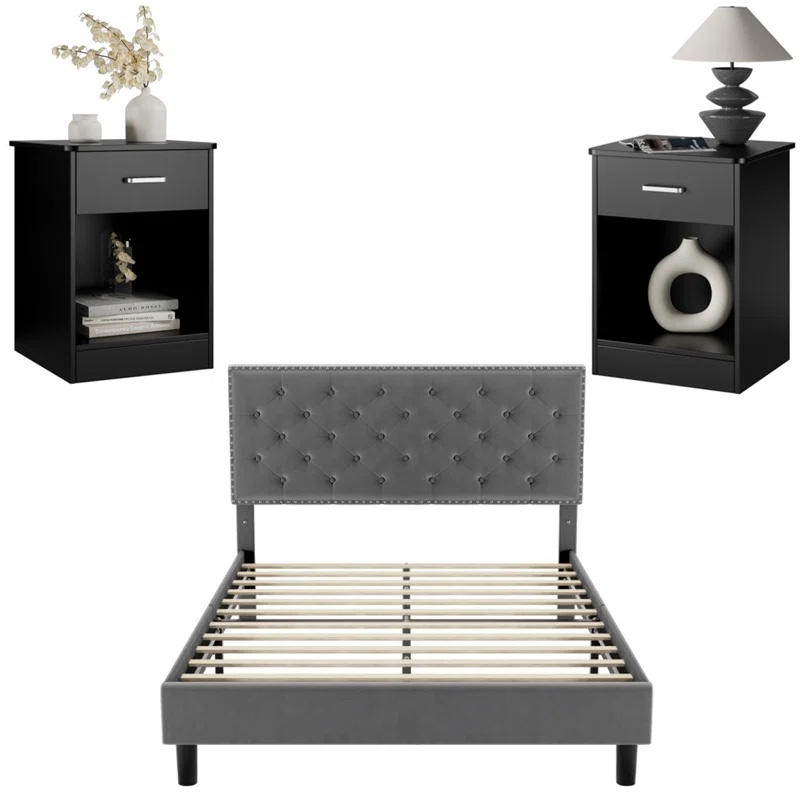 (incomplete 2 nightstand only) Rieger 3 Piece Bedroom Set, 1 Storage Bed Frame with Shelves and 2 Nightstands