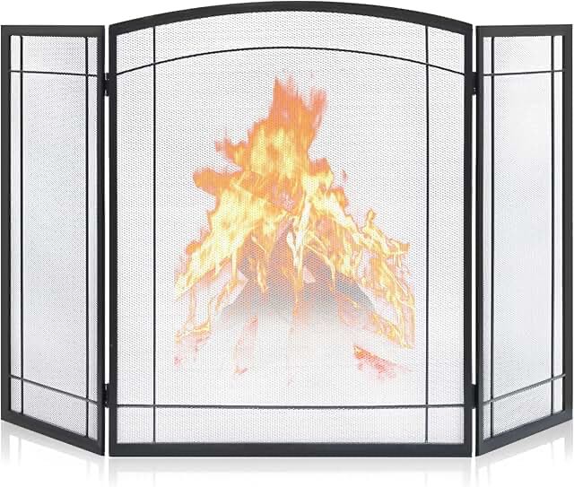 FEED GARDEN 3 Panel Fireplace Screen 48" W x 29" H Modern Foldable with Wrought Metal Decorative Mesh,Arch Heavy Duty Fire Spark Guard Cover for Home Decor Indoor, Black